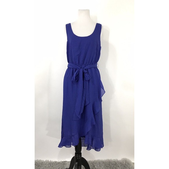 NWT Belle Badgley Mischka Sleeveless Blue‎ Ruffle Hem Tie Waist Dress Size 8 - Picture 1 of 7